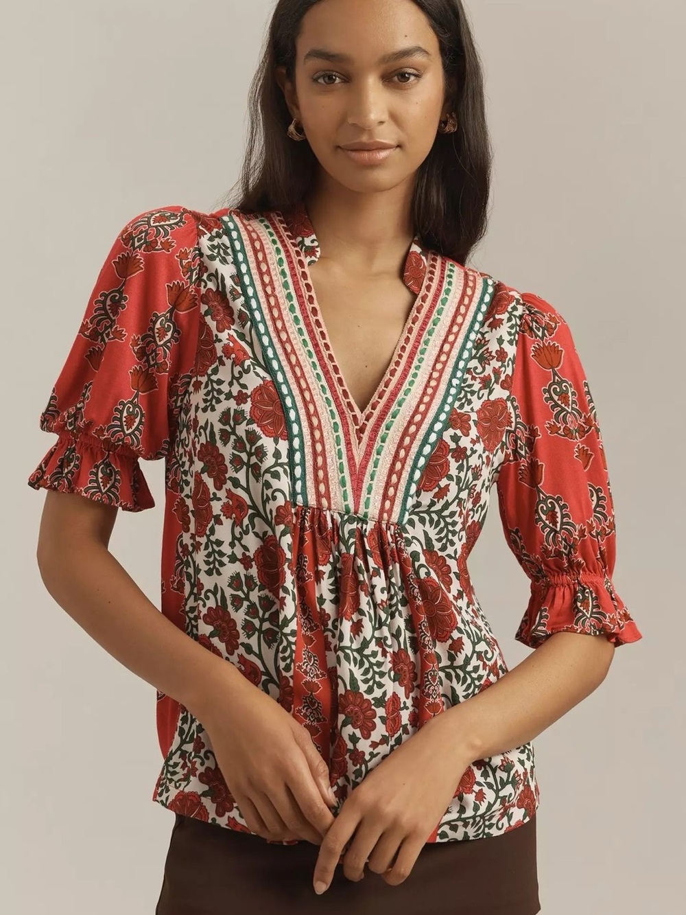 BL^NK London Anthropologie Stephanie Top Red Green Pink V-Neck NWT Size XS